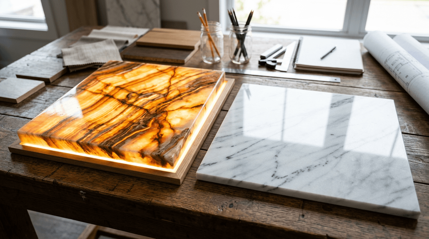 Ónix retroiluminado y mármol
